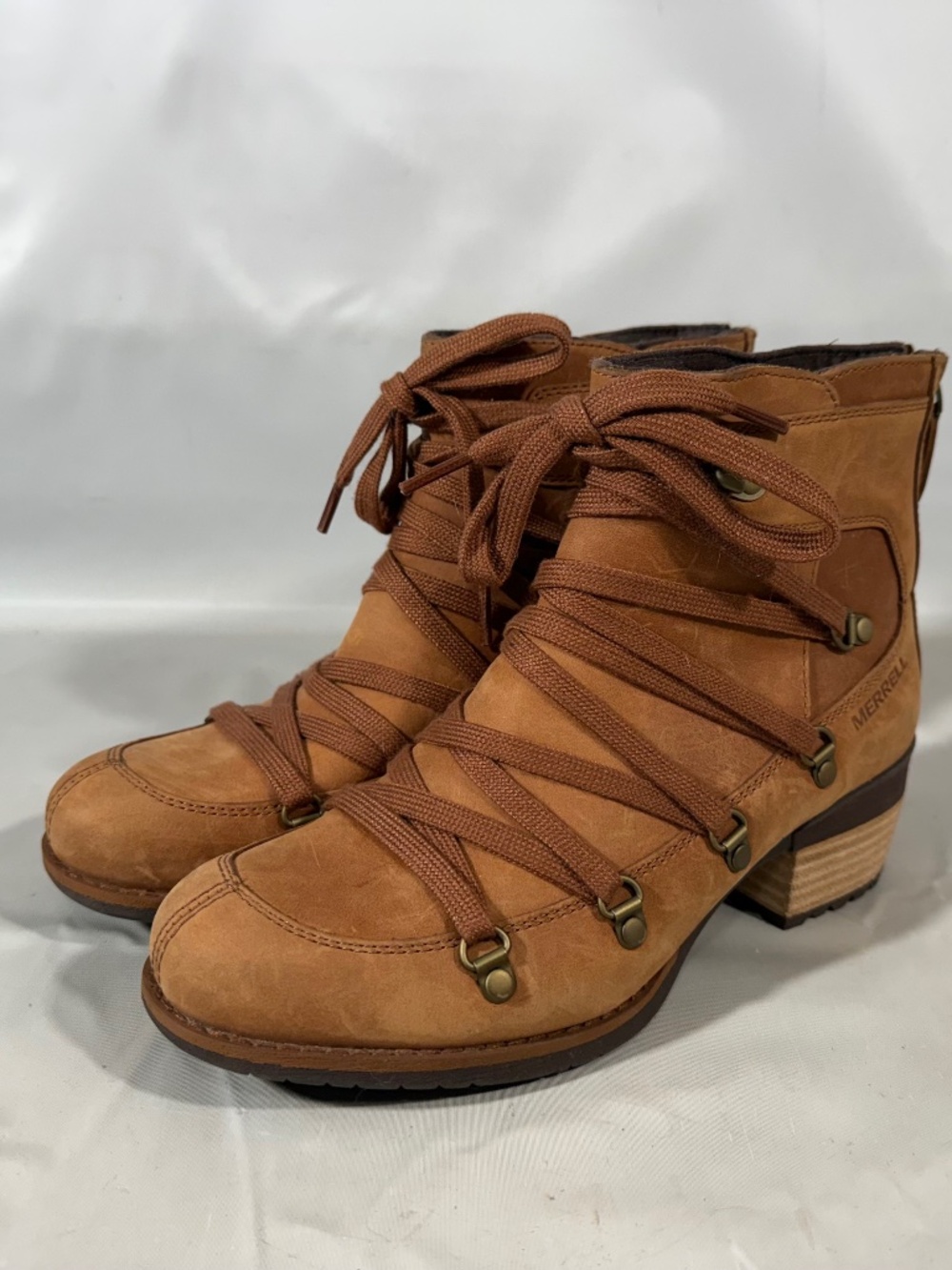 Merrell Shiloh II Oak Brown Leather Ankle Boots Lace Up Zip Block Womens Sz 6.5M